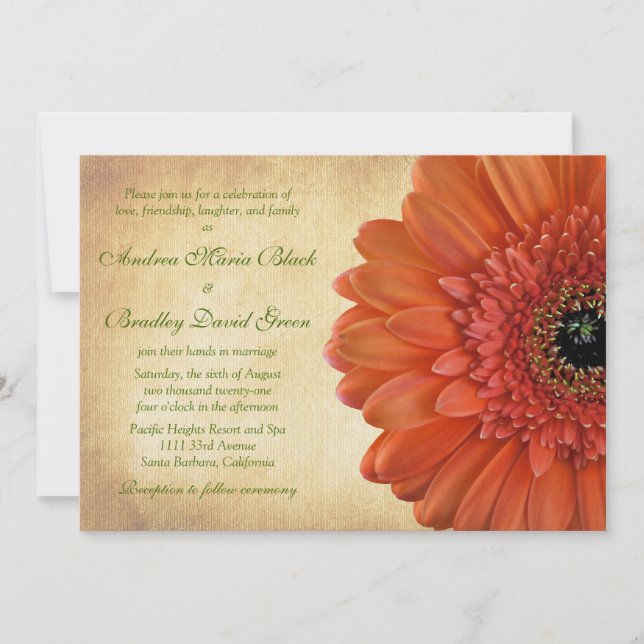 Convite para Casamento outono Orange Gerbera Daisy (Frente)