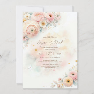 Convite para Casamento Pastel Watercolor Ranunculu