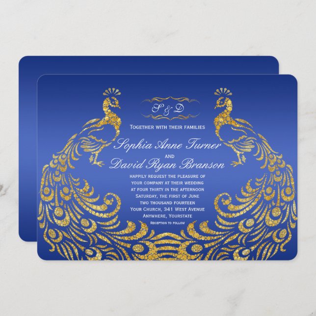 Convite para Casamento Pavão Dourado Real Azul (Frente/Verso)