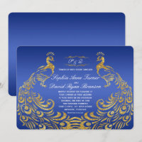 Convite para Casamento Pavão Dourado Real Azul