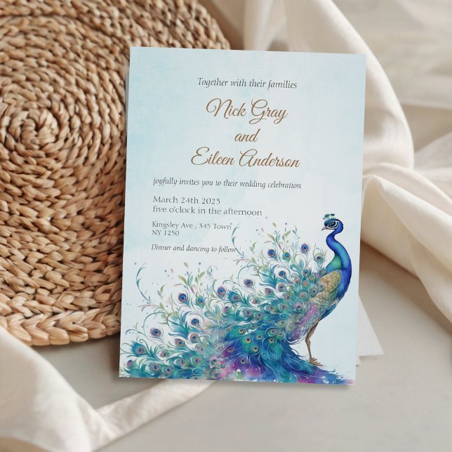 Convite para Casamento Pavão e Penas Bonitas (Beautiful Peacock & Feather Wedding Invite)