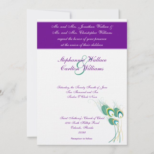 Convite para Casamento Pavão Roxo Moderno (Frente)