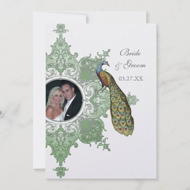 Convite para Casamento Peacock Barroco - Verde Pri (Frente)