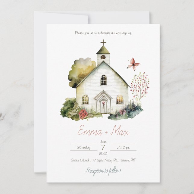 Convite para Casamento por Aquarela da Igreja do P (Frente)