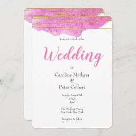 Convite para Casamento por Aquarela Rosa e Dourada