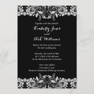 Convite para Casamento Preto de Lace Branco Doce