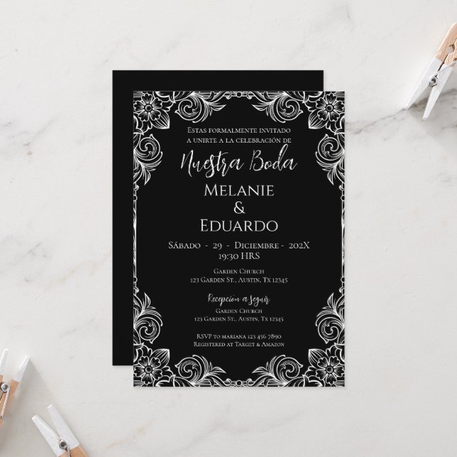 Convite para casamento preto e branco (Frente/Verso In Situ)