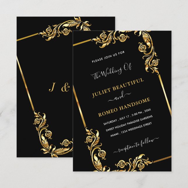 Convite para Casamento Preto e Dourado (Frente/Verso)