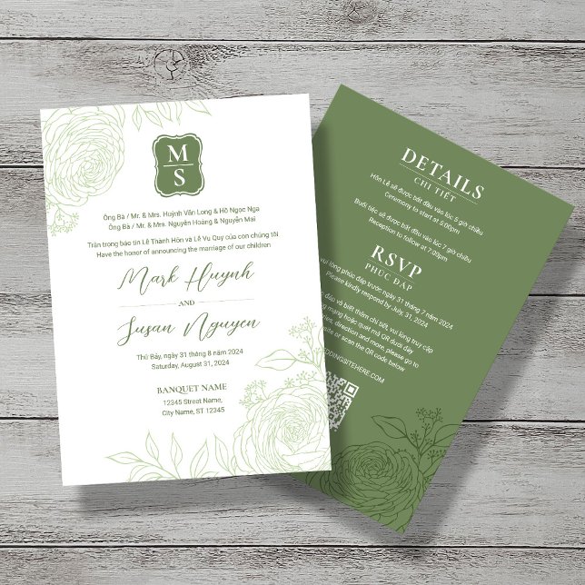 Convite para Casamento Ranunculus Bilíngue Vietnam (Criador carregado)