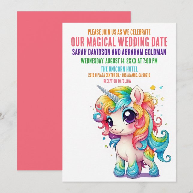 Convite para Casamento Rapariga Magical Unicorn (Frente/Verso)
