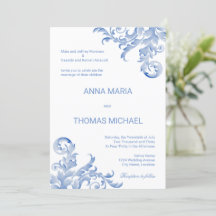 Convite para Casamento Real Azul Flourish, Waterco