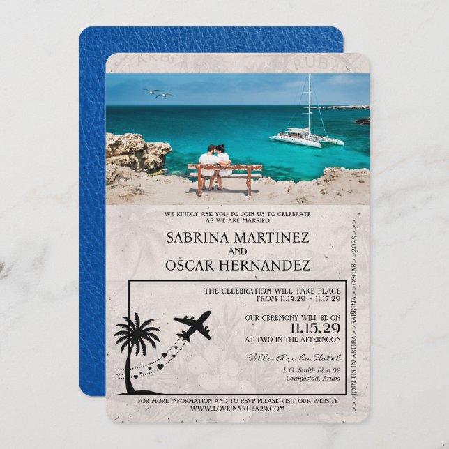 Convite para Casamento Real Blue Aruba Passaporte (Frente/Verso)