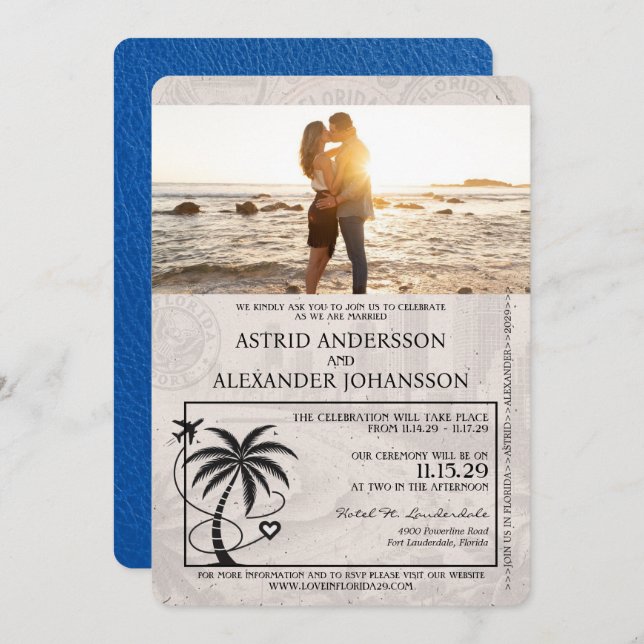 Convite para Casamento Real Blue Florida Passport (Frente/Verso)