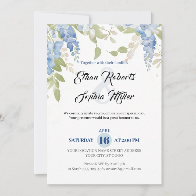 Convite para Casamento Romântico Azul (Frente)