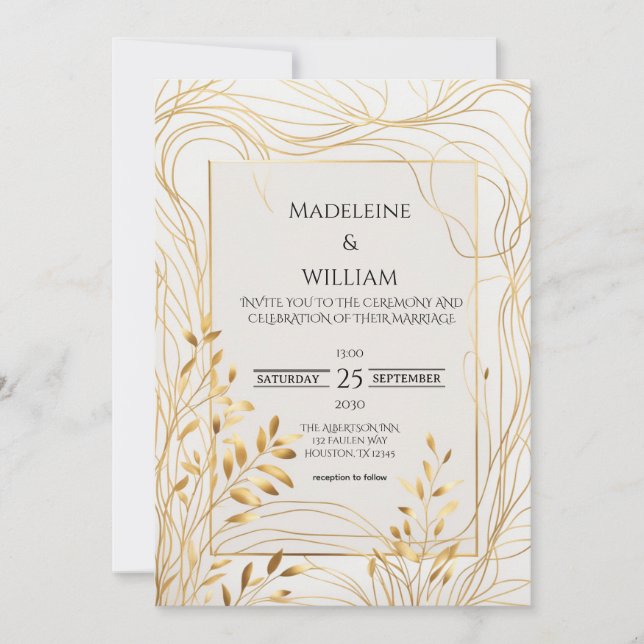 Convite para Casamento Romântico Dourado e Eucalyp (Frente)