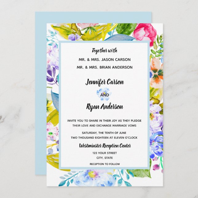 Convite para Casamento Romântico Floral Azul Suave (Frente/Verso)