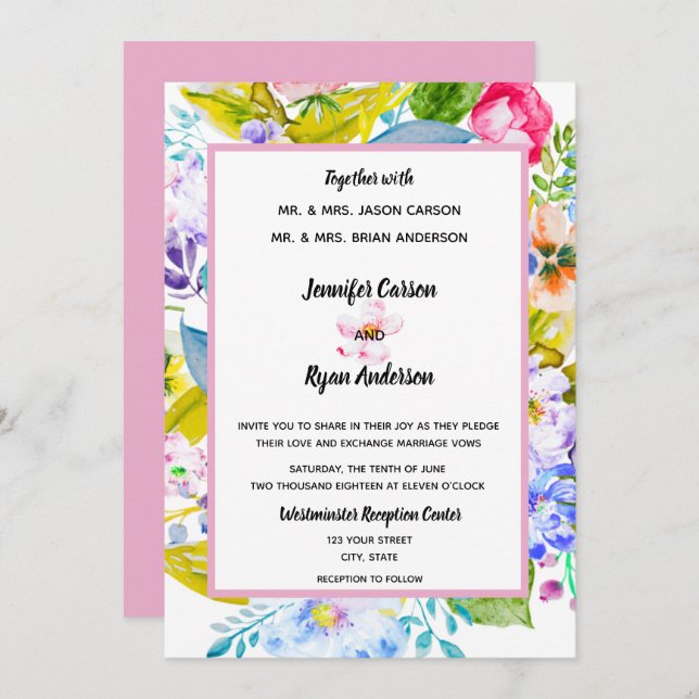 Convite para Casamento Romântico Floral Rosa Moder (Frente/Verso)