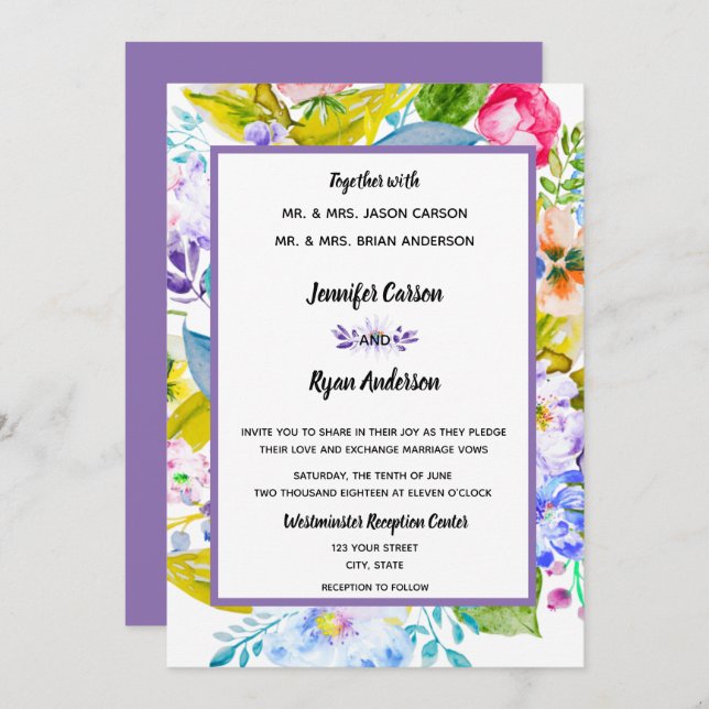 Convite para Casamento Romântico Floral Roxo (Frente/Verso)
