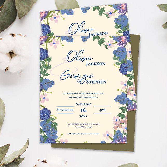 Convite para Casamento Romântico Floral Roxo e Azu (Purple and Blue Floral Romantic Wedding Invitation)