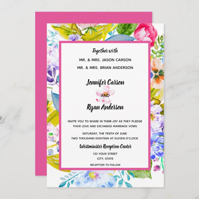 Convite para Casamento Rosa Floral Moderno (Frente/Verso)