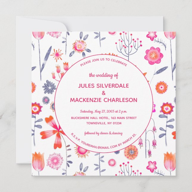 Convite para Casamento Rosa, Jardim Flor Moderno B (Frente)