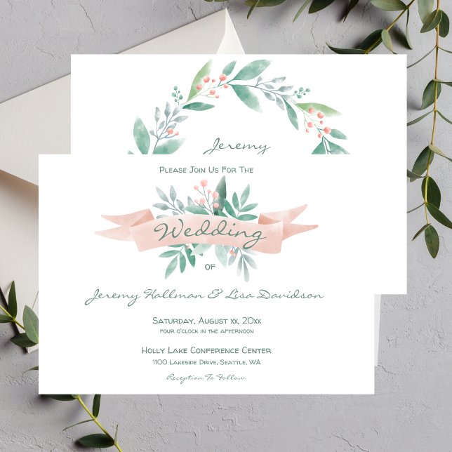 Convite para Casamento Rosa Suave de Verão (Summer Soft Pink, Green Wedding Invitation)
