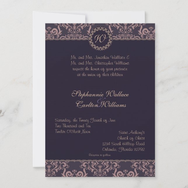 Convite para Casamento Roxo Damask Lace (Frente)