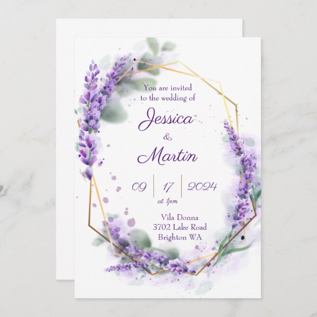 convite para casamento roxo lavanda (Frente/Verso)