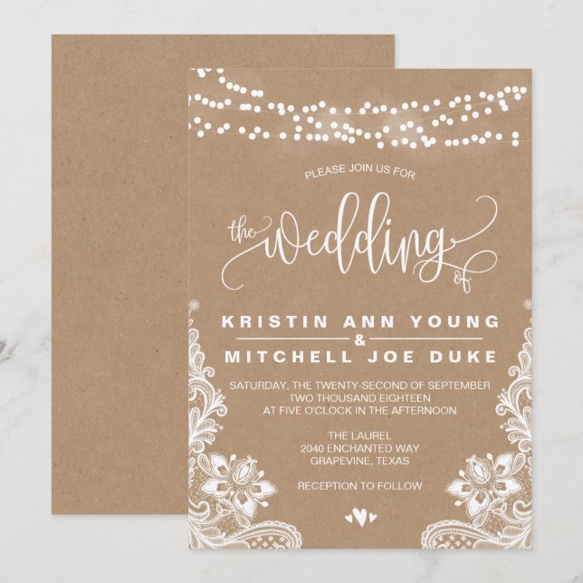 Convite para Casamento Russo de Kraft Lace e Luzes (Frente/Verso)
