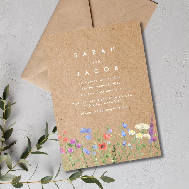 Convite para Casamento Russo de Papel Kraft de Flo (Wildflower Kraft Paper Rustic Wedding Invitation)