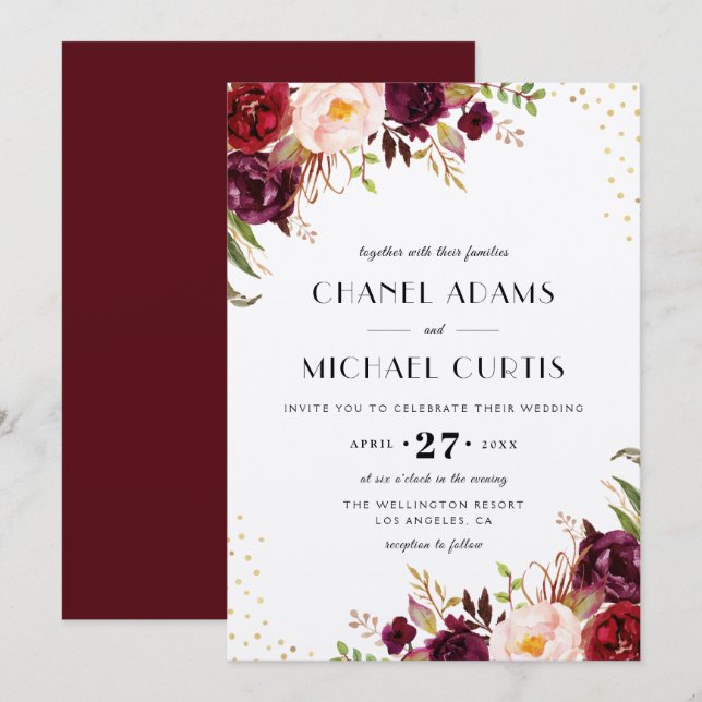 convite para casamento Rustic Burgundy (Frente/Verso)