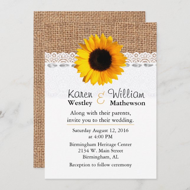 Convite para Casamento Rustic Burlap e Sunflower (Frente/Verso)