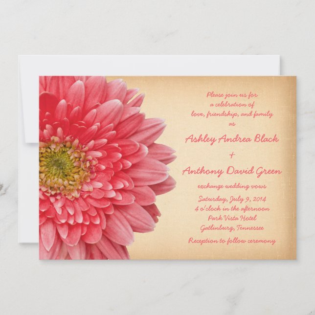 Convite para Casamento Rustic Coral Gerbera Daisy (Frente)