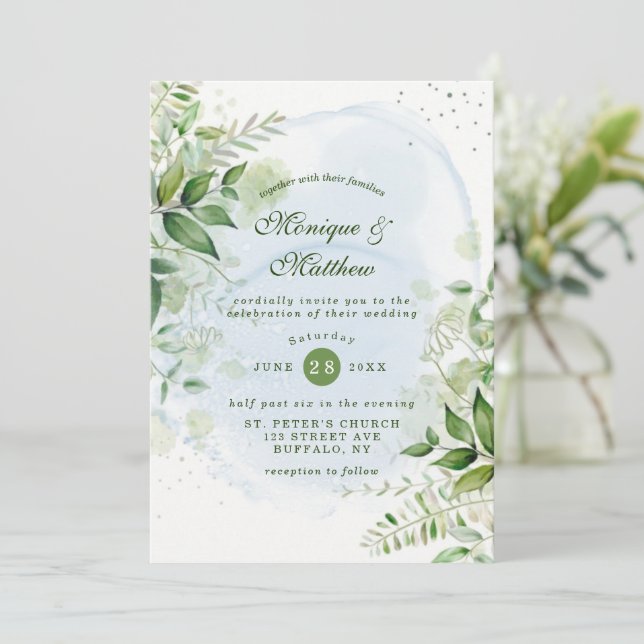 Convite para Casamento Rustic Greenery Dusty Blue (Em pé/Frente)