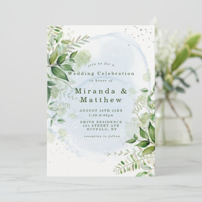 Convite para Casamento Rustic Greenery Dusty Blue (Em pé/Frente)