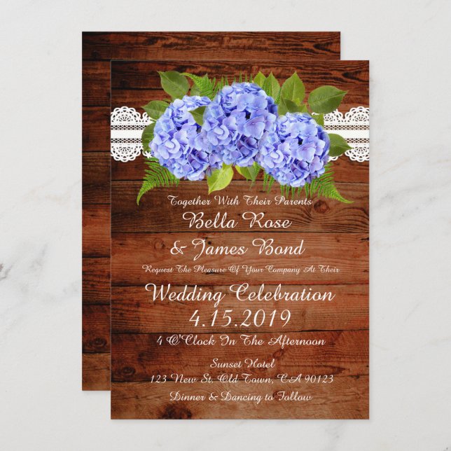 Convite para Casamento Rustic Lace Blue Hydrangea (Frente/Verso)