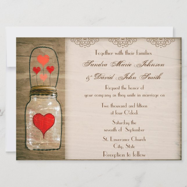 Convite para Casamento Rustic Mason Jar e Hearts (Frente)