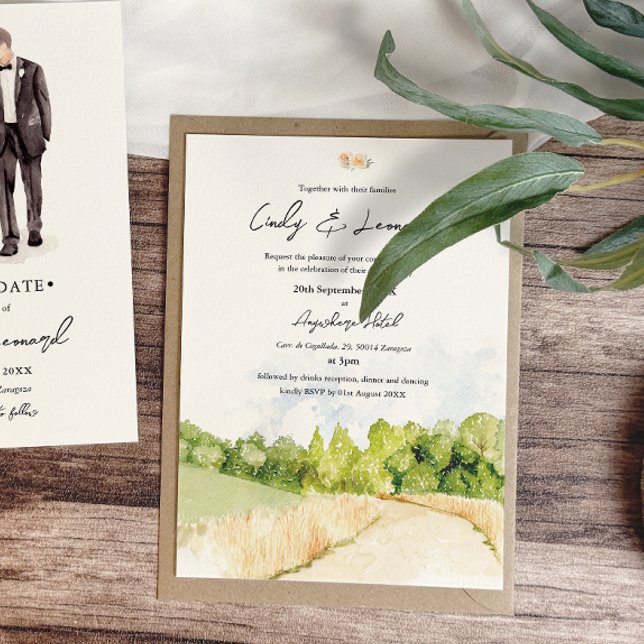 Convite para Casamento Rustic Watercolor Landscape (Criador carregado)