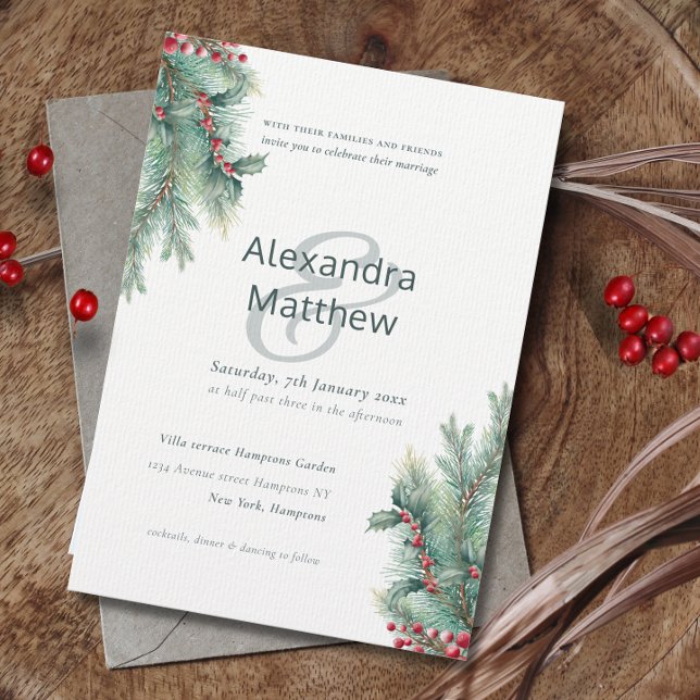 Convite Para Casamento Rustic Winter Holly Berries (Criador carregado)