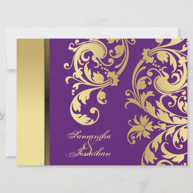 Convite Para Casamento Shimmer Dourado Roxo Floral (Frente)