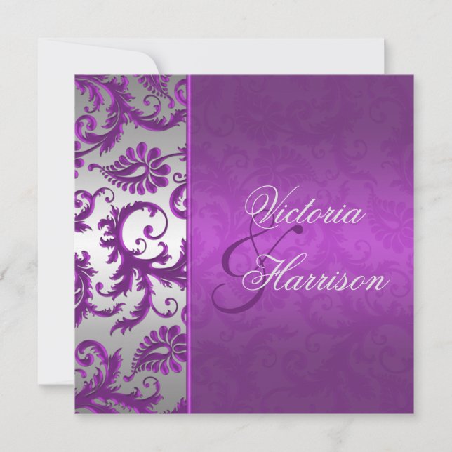 Convite para Casamento Silver and Purple Damask II (Frente)