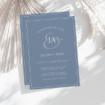 Convite para Casamento Simples de Monograma Azul<br><div class="desc">Simples Convocação De Casamento De Monograma Azul. Imprime estigmaticamente seus convidados de casamento com este convite de casamento azul, em pó, com um belo roteiro branco, com a noiva e as iniciais do noivo num fundo azul empoeirado. Este Convite tem um design azul de bebê maravilhoso, com vibrações modernas e...</div>