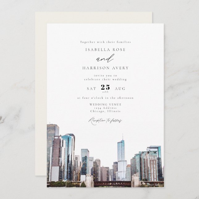 Convite para Casamento Skyline Chicago Watercolor (Frente/Verso)