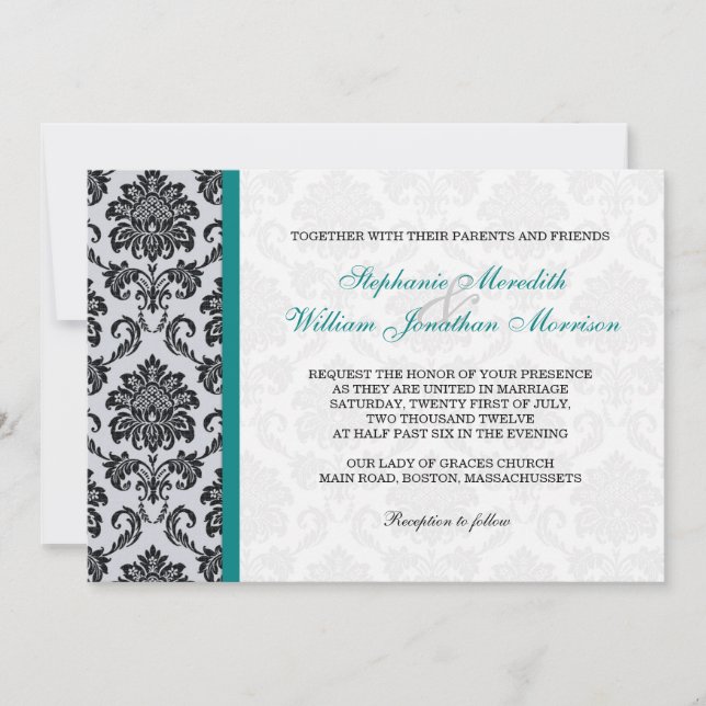Convite para Casamento Teal Damask Monograma (Frente)