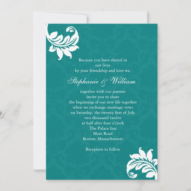 Convite para Casamento Teal Damask Monograma (Frente)