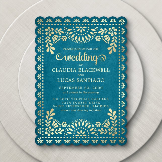 Convite Para Casamento Teal De Papel Picado (Criador carregado)