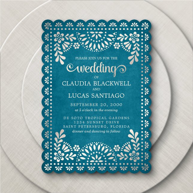 Convite Para Casamento Teal De Papel Picado (Criador carregado)
