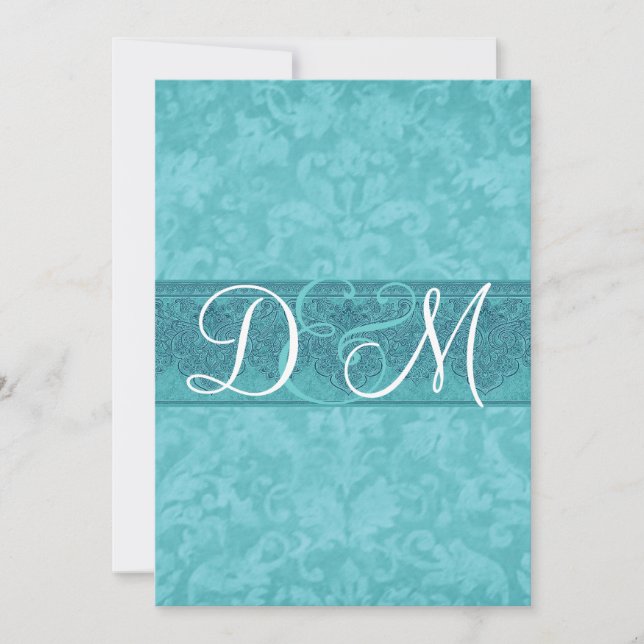 Convite para Casamento tema damasco Azul Azul Azul (Frente)