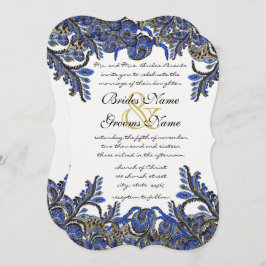 Convite para Casamento tema damasco azul e Dourado