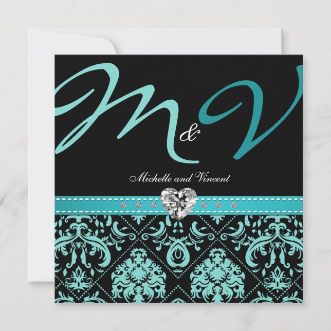 Convite para Casamento tema damasco Azul Elegante  (Frente)